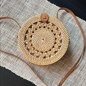 Round Woven Tan Crossbody Bag